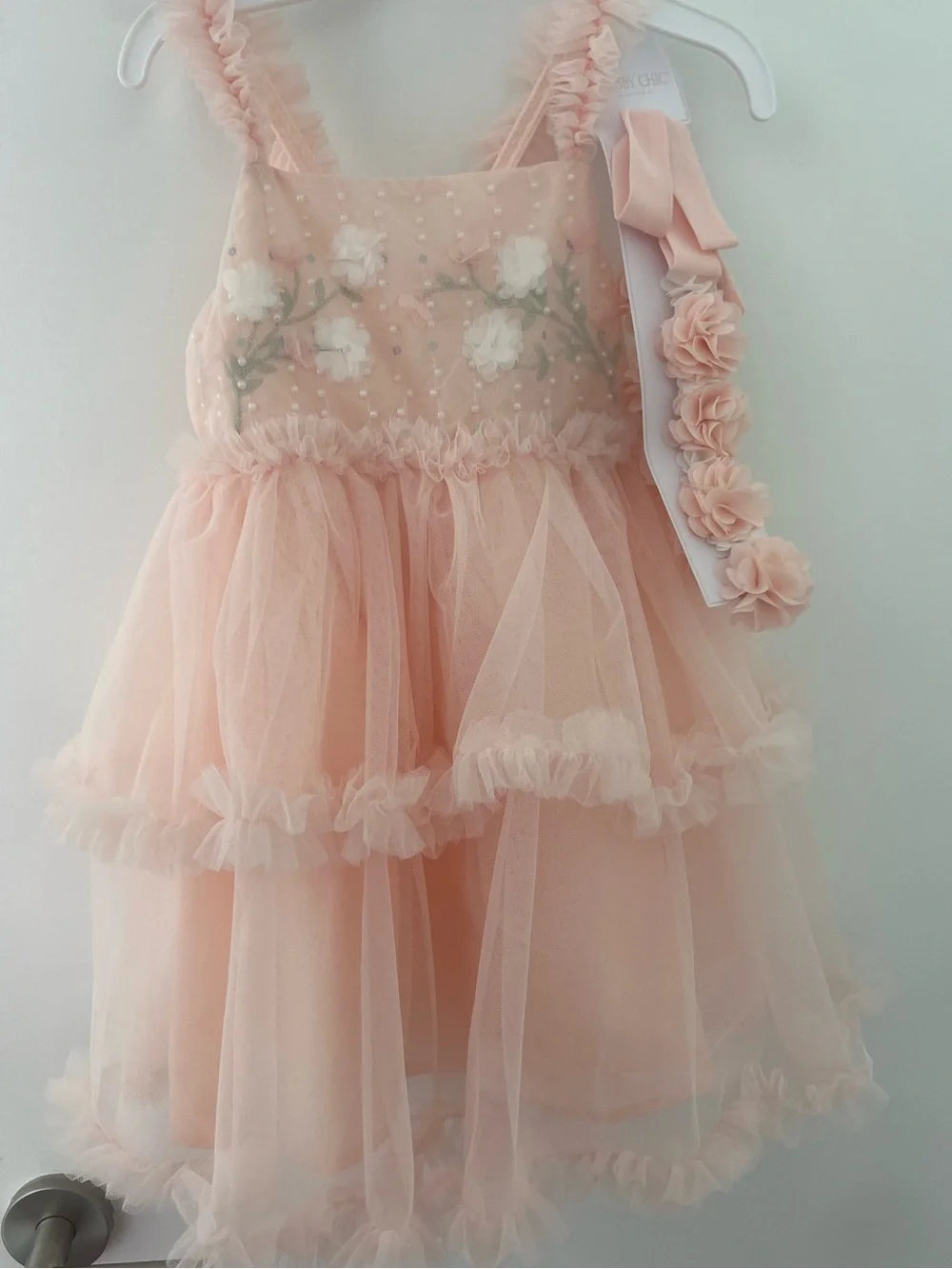 NWT Shabby Chic Blush Peach Tulle Princess Party Dress, Flowers Pearls Sequins